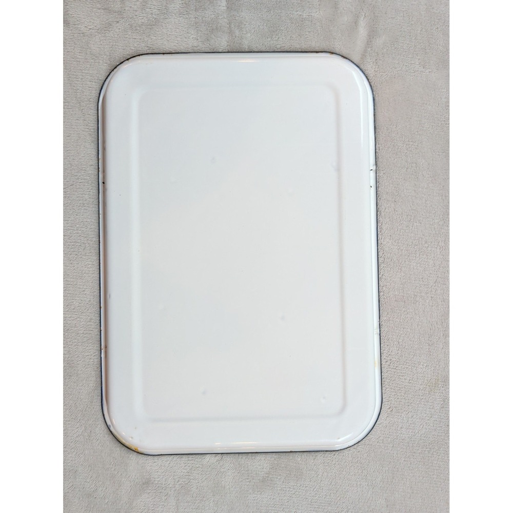 Vintage Enamelware Serving Tray White with Navy Blue Rim Rectangular 12x8 Metal - Picture 4 of 5
